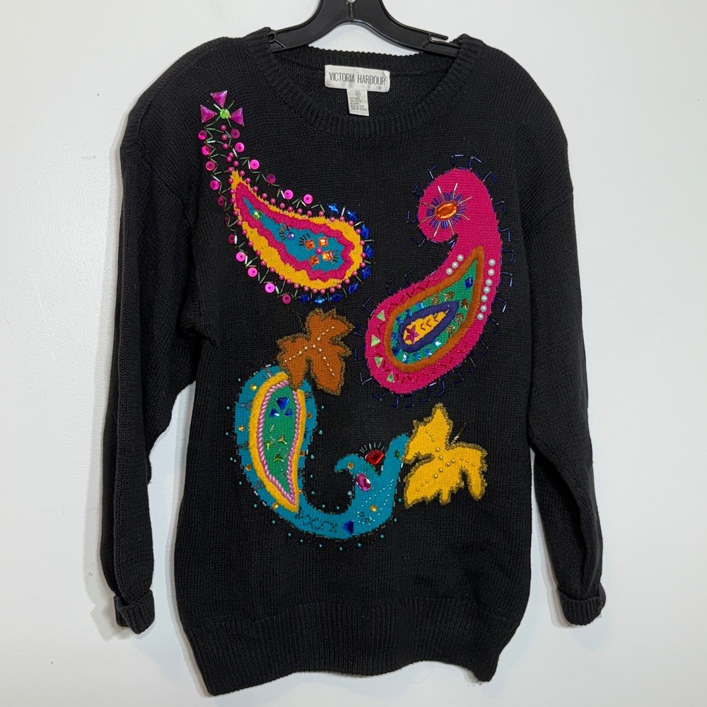 Victoria Harbour Black Beaded Sequin Paisley Long Sleeve Sweater‎ Women's Medium